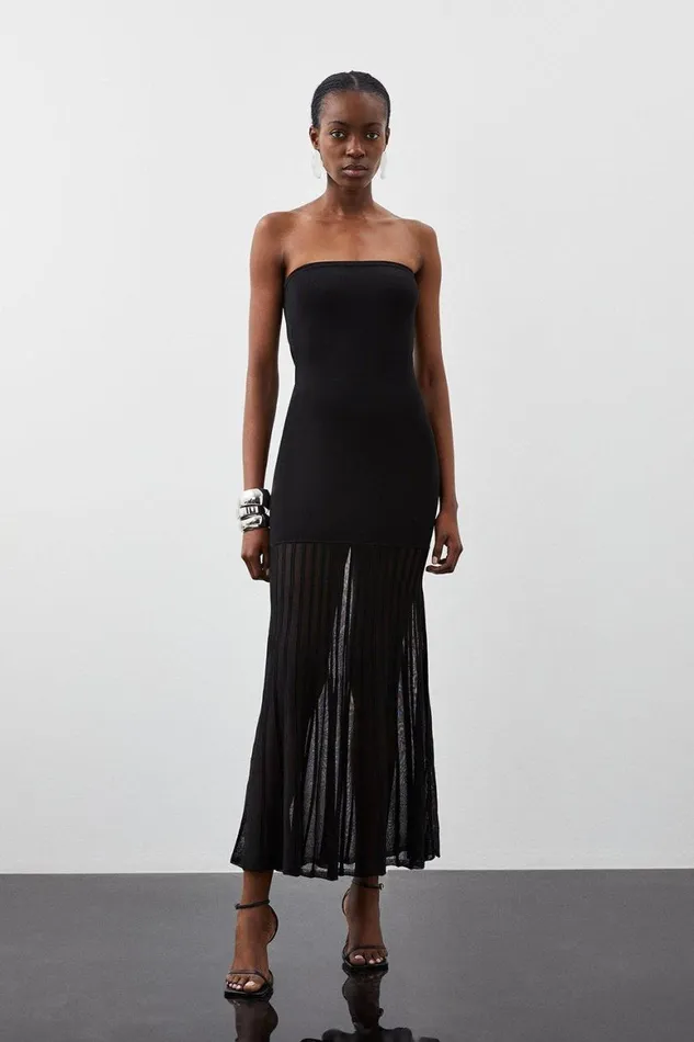 Skirts Women Karen Millen Tall Viscose Blend Sheer Knit Bandeau Pleated Skirt Midaxi Dress Black