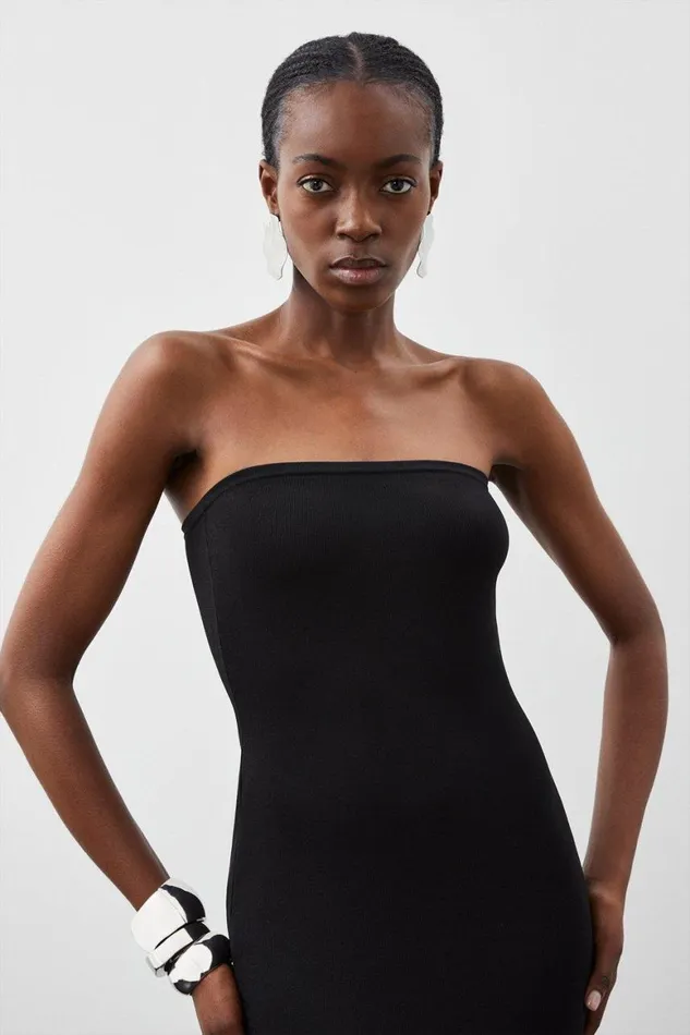 Skirts Women Karen Millen Tall Viscose Blend Sheer Knit Bandeau Pleated Skirt Midaxi Dress Black
