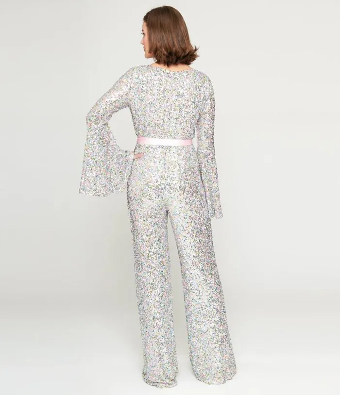 Smak Parlour 1960s Pastel Rainbow Sequin Bell Sleeve Jumpsuit Clothing Unique Vintage Rompers and Jumpsuits
