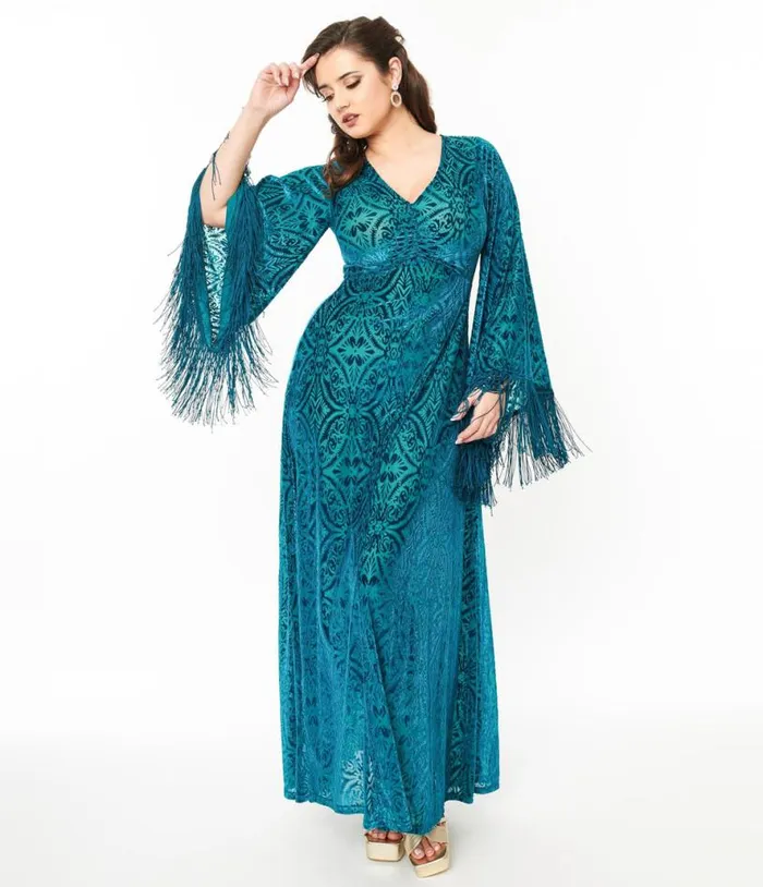 Smak Parlour 1970s Teal Floral Fringe Sleeve Maxi Dress Dresses Unique Vintage Maxi