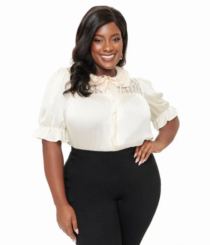 Smak Parlour Plus Size 1960s Ivory Lace Puff Sleeve Blouse ClothingPlus Unique Vintage Blouses
