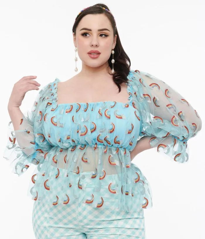 Smak Parlour Plus Size 1960s Sky Blue and Glitter Rainbow Mesh Ruffle Babydoll Top ClothingPlus Unique Vintage Blouses