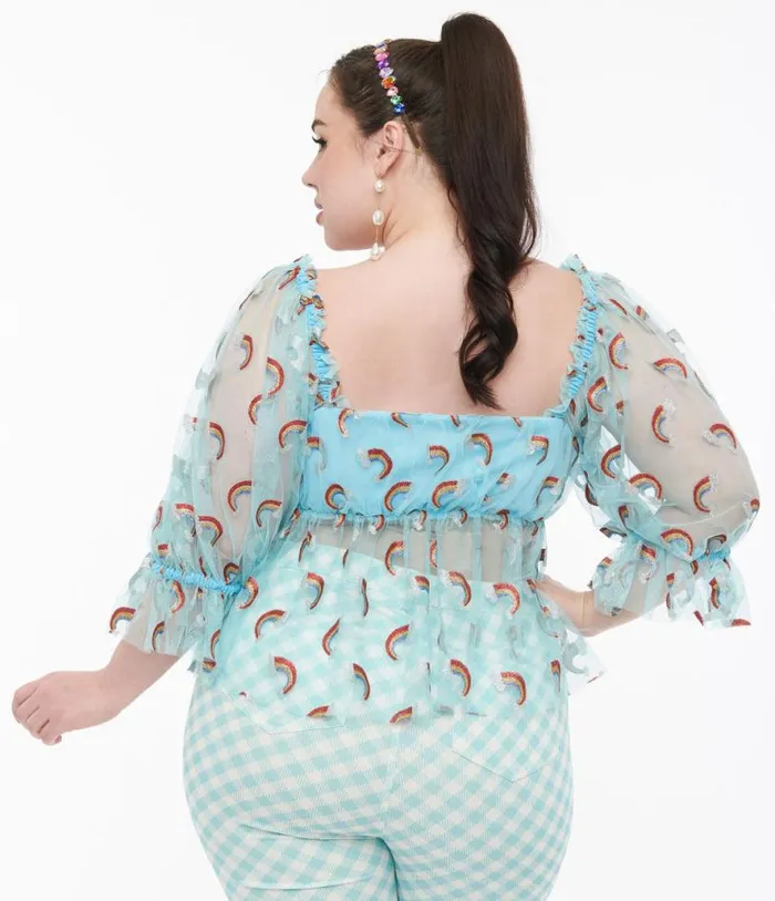 Smak Parlour Plus Size 1960s Sky Blue and Glitter Rainbow Mesh Ruffle Babydoll Top ClothingPlus Unique Vintage Blouses