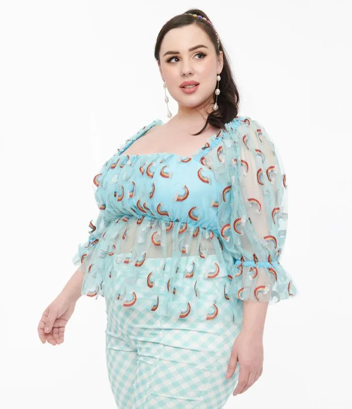 Smak Parlour Plus Size 1960s Sky Blue and Glitter Rainbow Mesh Ruffle Babydoll Top ClothingPlus Unique Vintage Blouses