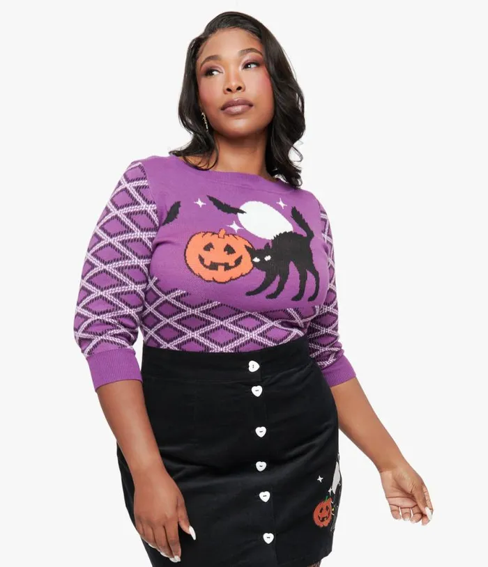 Smak Parlour Plus Size Purple Plaid and Black Cat Sweater ClothingPlus Unique Vintage Sweaters and Cardigans Smak Parlour Plus Size Purple Plaid and Black Cat Sweater ClothingPlus Unique Vintage Sweaters and Cardigans