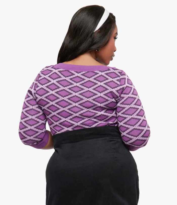 Smak Parlour Plus Size Purple Plaid and Black Cat Sweater ClothingPlus Unique Vintage Sweaters and Cardigans