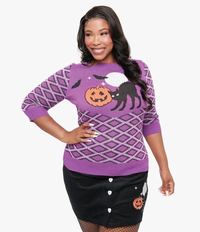 Smak Parlour Plus Size Purple Plaid and Black Cat Sweater ClothingPlus Unique Vintage Sweaters and Cardigans