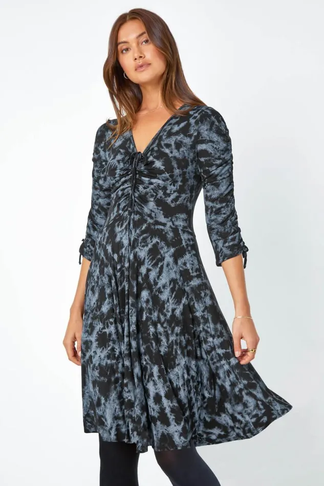 Steel Blue Abstract Print Ruched Stretch Dress Women Roman Dresses