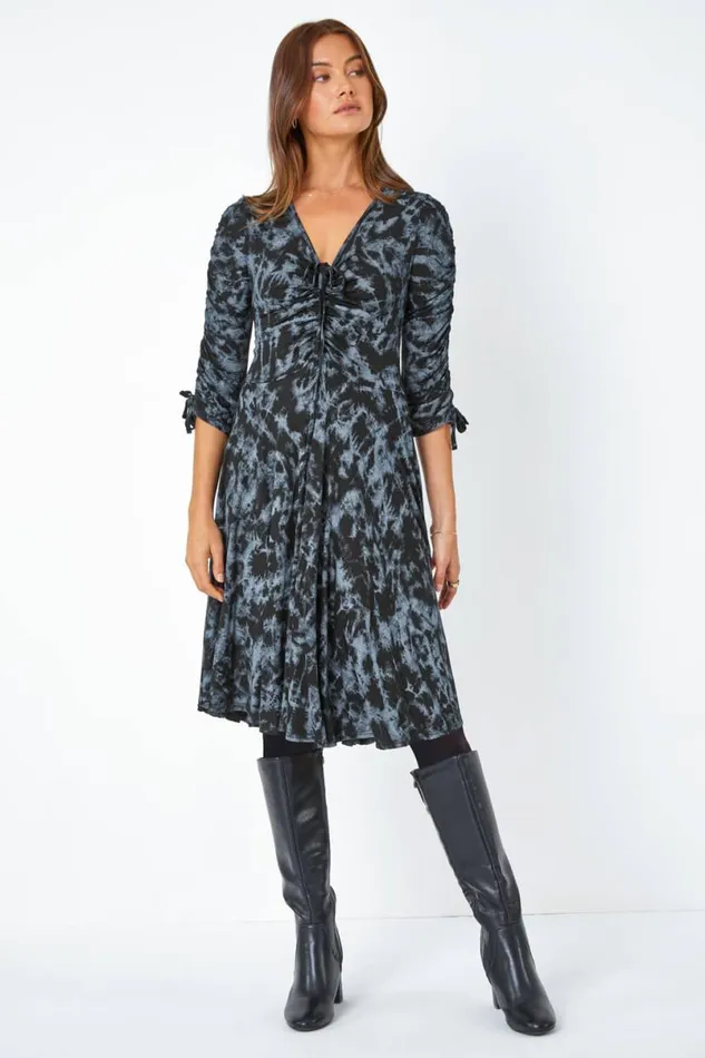 Steel Blue Abstract Print Ruched Stretch Dress Women Roman Dresses