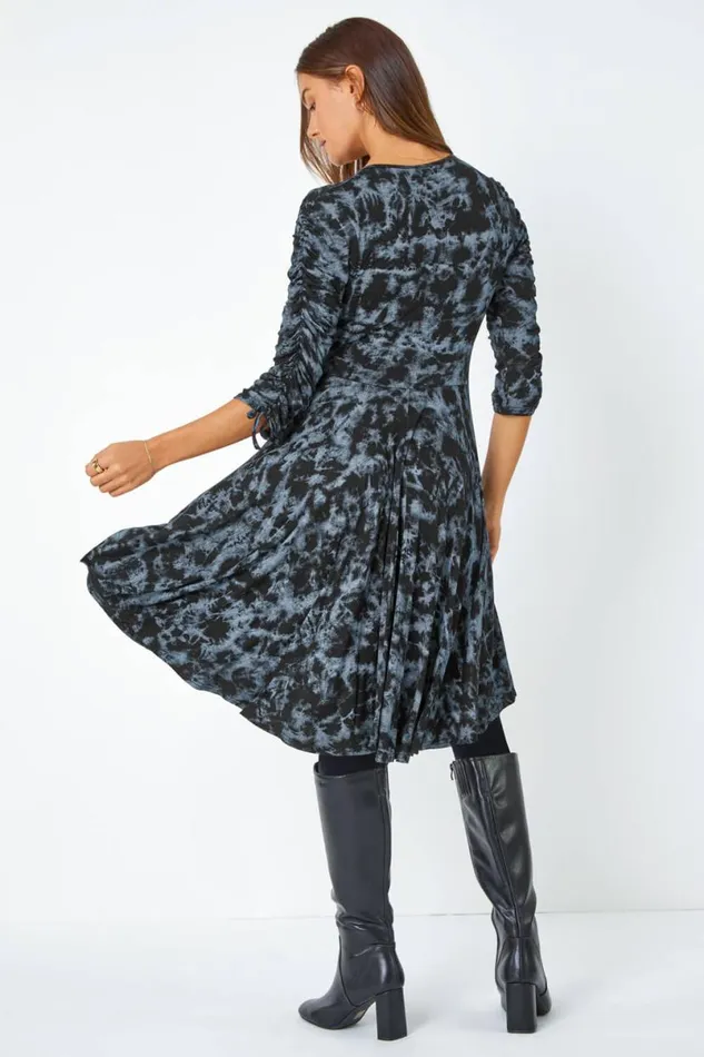 Steel Blue Abstract Print Ruched Stretch Dress Women Roman Dresses