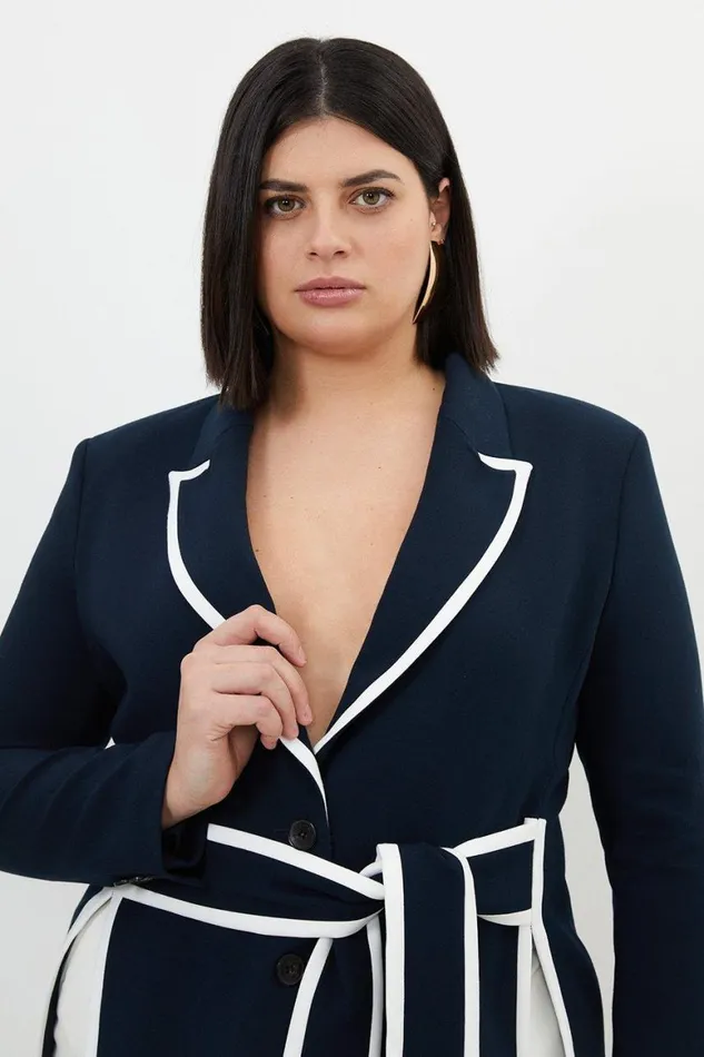 Suits Women Karen Millen Plus Size Compact Stretch Tailored Belted Tipped Blazer Midnight