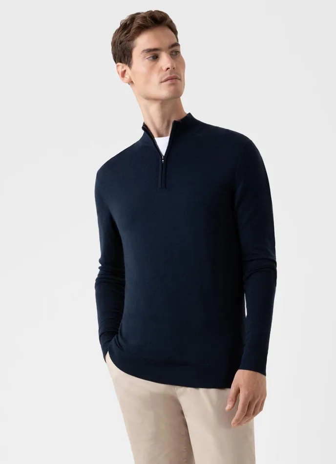 SUNSPEL Knitwear ExtraFine Merino Zip Neck Light Navy 8211 Men