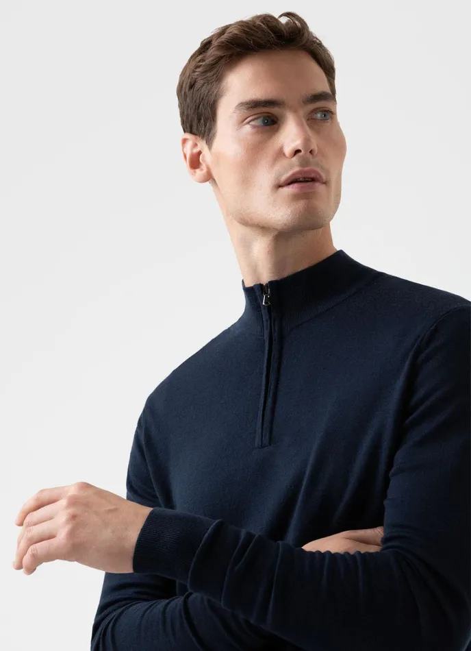 SUNSPEL Knitwear ExtraFine Merino Zip Neck Light Navy 8211 Men