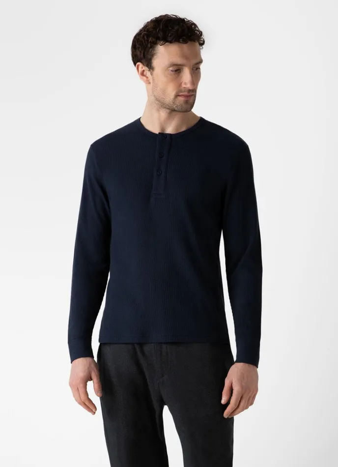 SUNSPEL Tshirts Long Sleeve Waffle Henley Navy 8211 Men
