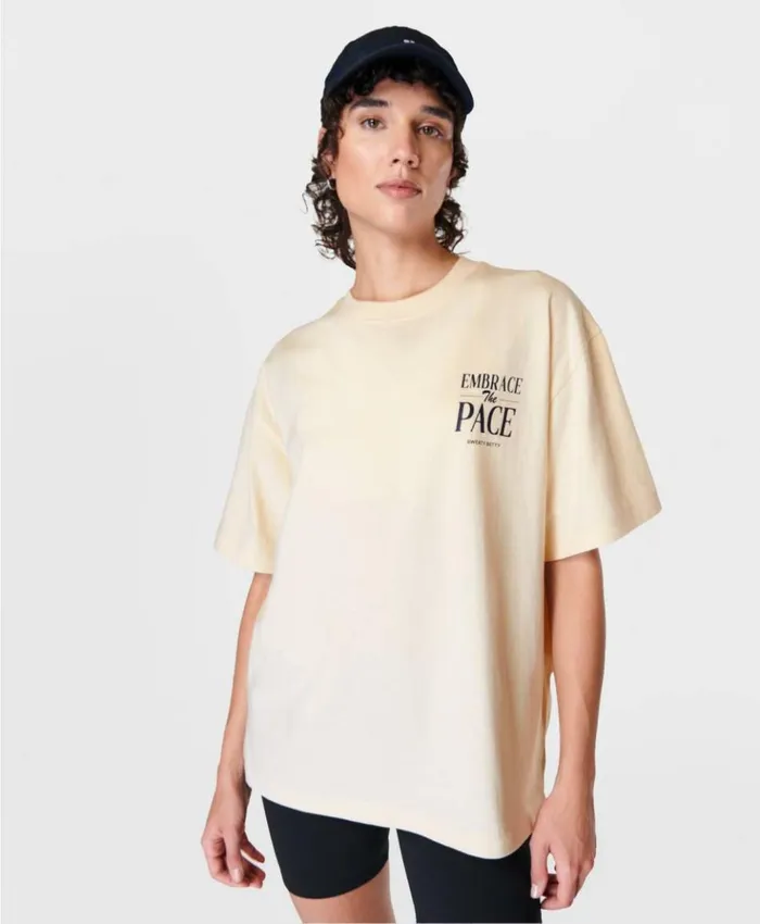 Sweaty Betty Embrace The Pace Graphic Tee Creme Beige Clothing TShirts