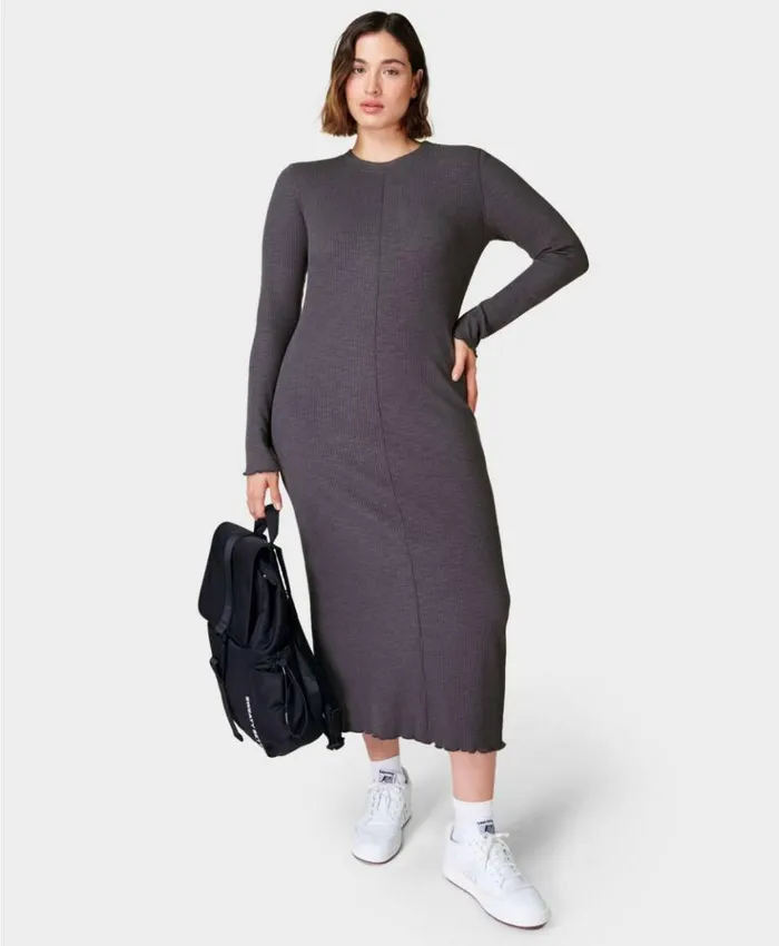 Sweaty Betty Ribbed Long Sleeve Midi Dress Urban Grey Clothing
