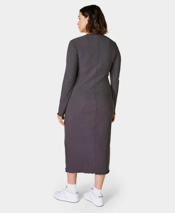 Sweaty Betty Ribbed Long Sleeve Midi Dress Urban Grey Clothing