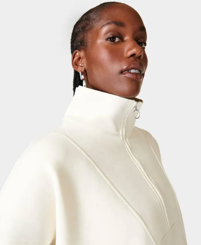 Sweaty Betty Sand Wash Funnel Neck Half Zip Studio White Clothing Sweatshirts Hoodies