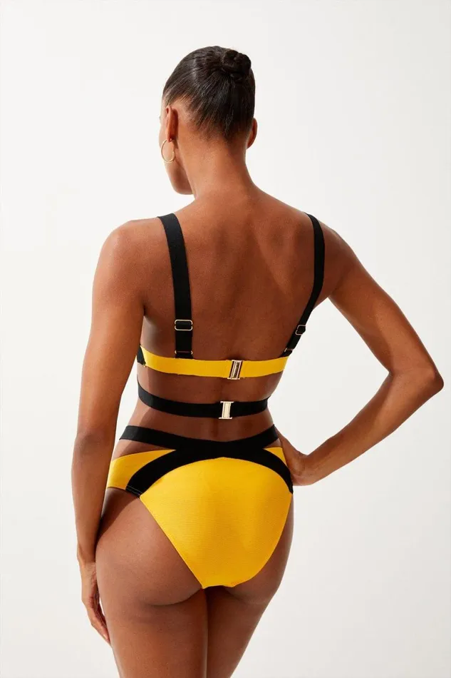 Swimwear Women Karen Millen Bandage Colour Block Strappy Bikini Bottoms Yellow