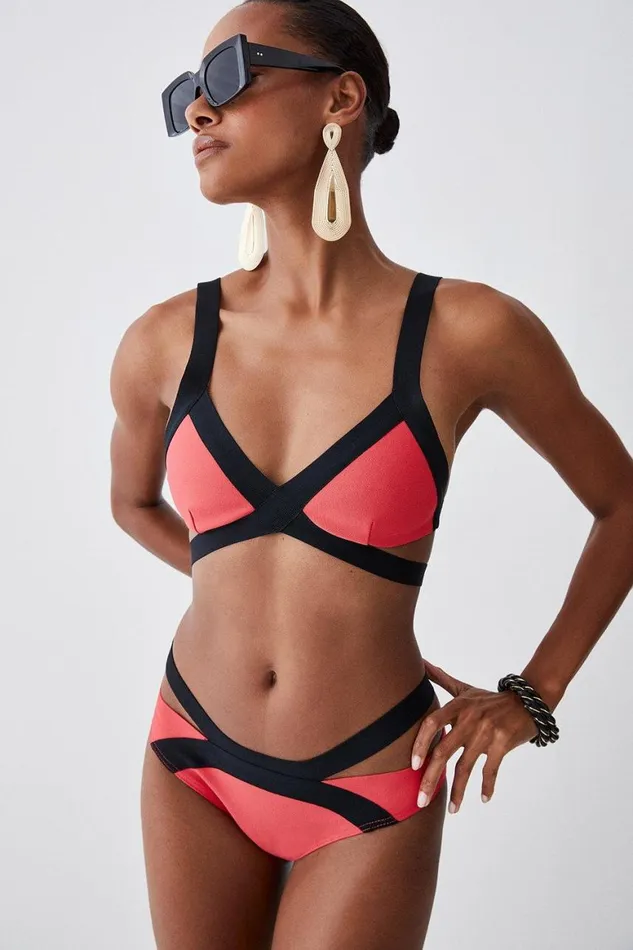 Swimwear Women Karen Millen Bandage Colour Block Strappy Bikini Top Coral