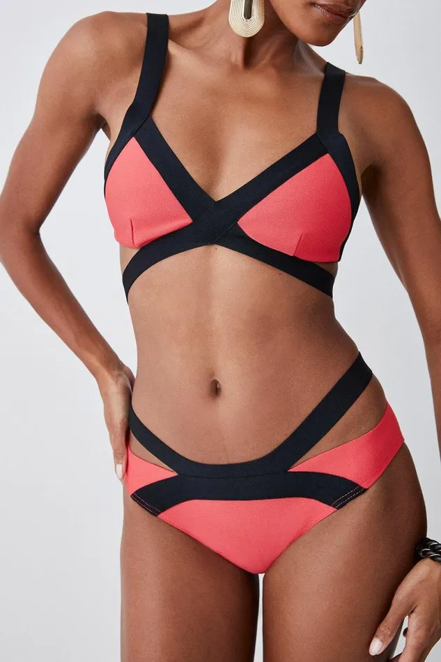 Swimwear Women Karen Millen Bandage Colour Block Strappy Bikini Top Coral