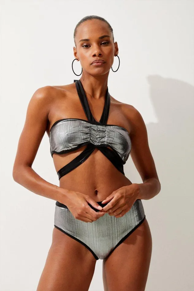Swimwear Women Karen Millen Halter Neck Silver Foiled Bikini Top Metallic Silver Swimwear Women Karen Millen Halter Neck Silver Foiled Bikini Top Metallic Silver