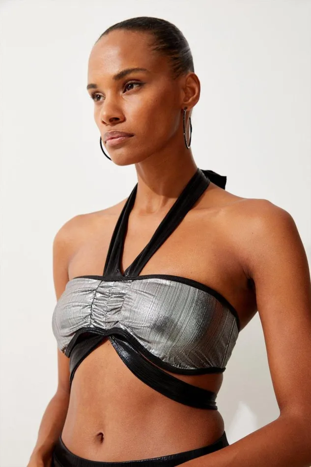 Swimwear Women Karen Millen Halter Neck Silver Foiled Bikini Top Metallic Silver