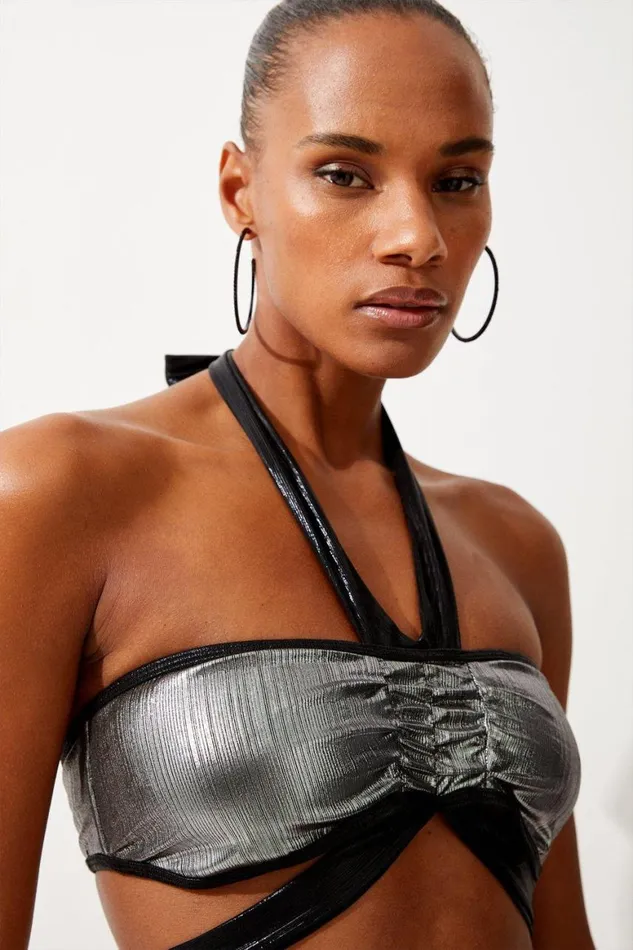 Swimwear Women Karen Millen Halter Neck Silver Foiled Bikini Top Metallic Silver