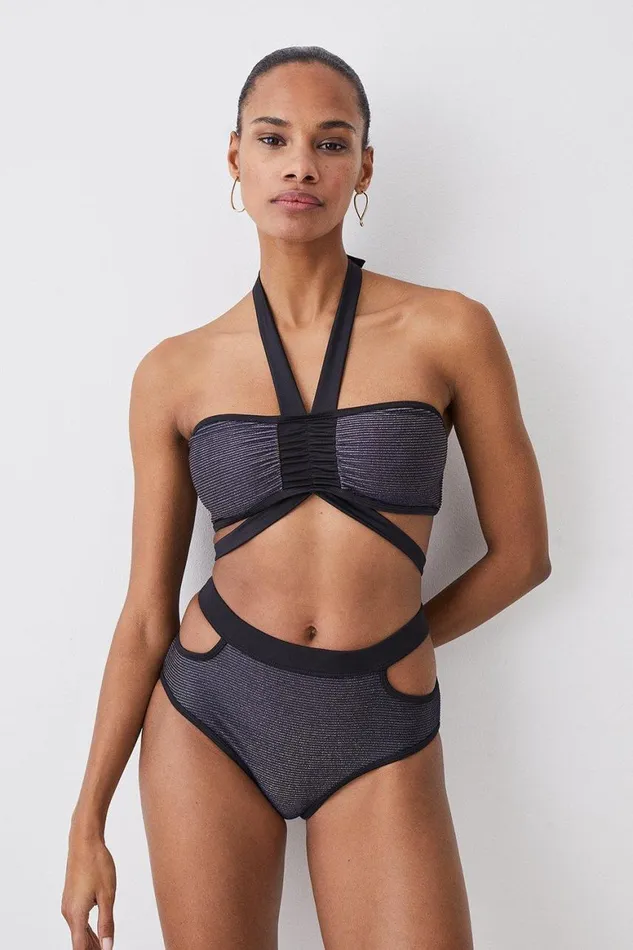 Swimwear Women Karen Millen Metallic Shimmer Halter Neck Strap Detail Bikini Top Gold