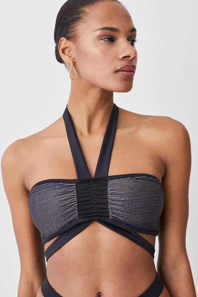 Swimwear Women Karen Millen Metallic Shimmer Halter Neck Strap Detail Bikini Top Gold