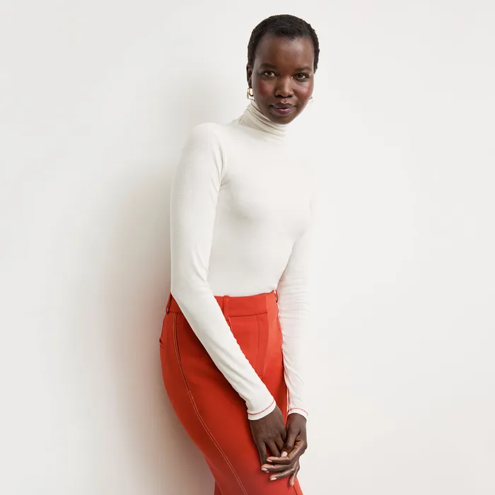 TShirts Women M M LaFleur The Axam Layering Turtleneck 8211 Contrast Organic Ribbed Pima Cotton IvoryRed