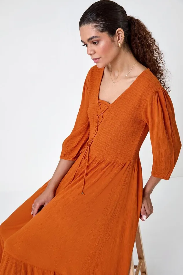 Tan Lace Up Shirred Midi Dress Women Roman Dresses