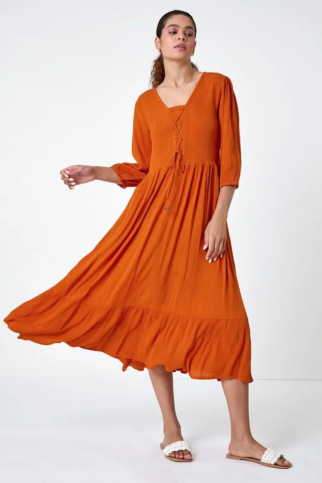 Tan Lace Up Shirred Midi Dress Women Roman Dresses