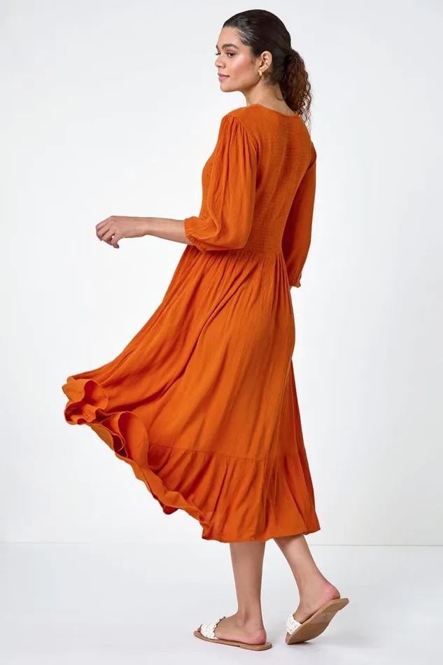 Tan Lace Up Shirred Midi Dress Women Roman Dresses