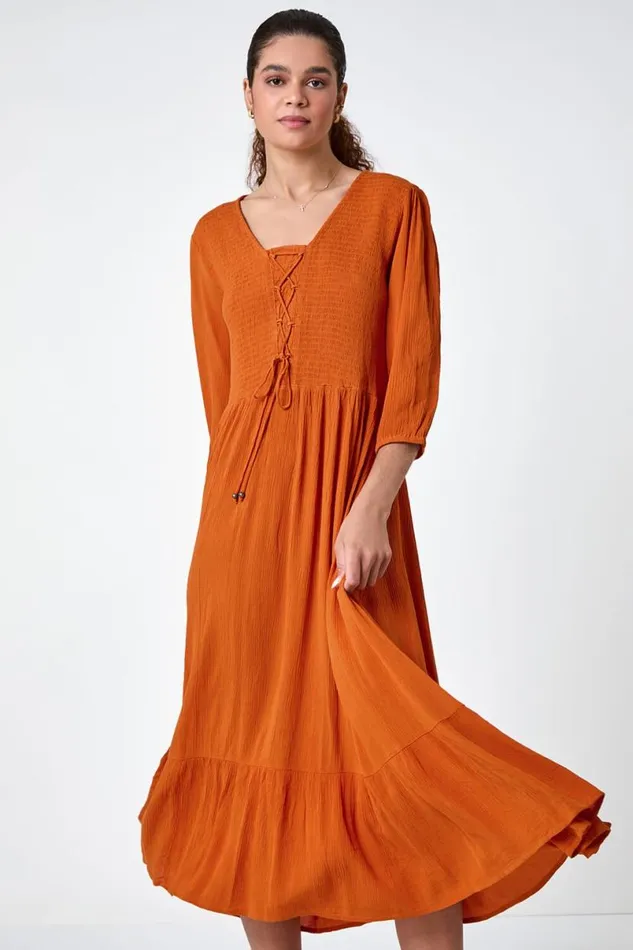 Tan Lace Up Shirred Midi Dress Women Roman Dresses