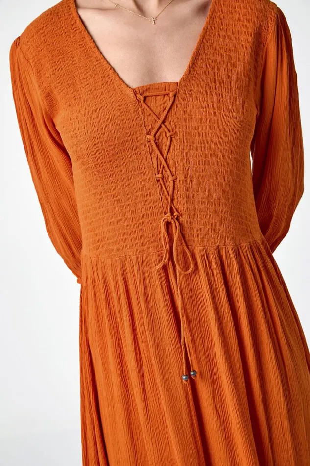 Tan Lace Up Shirred Midi Dress Women Roman Dresses