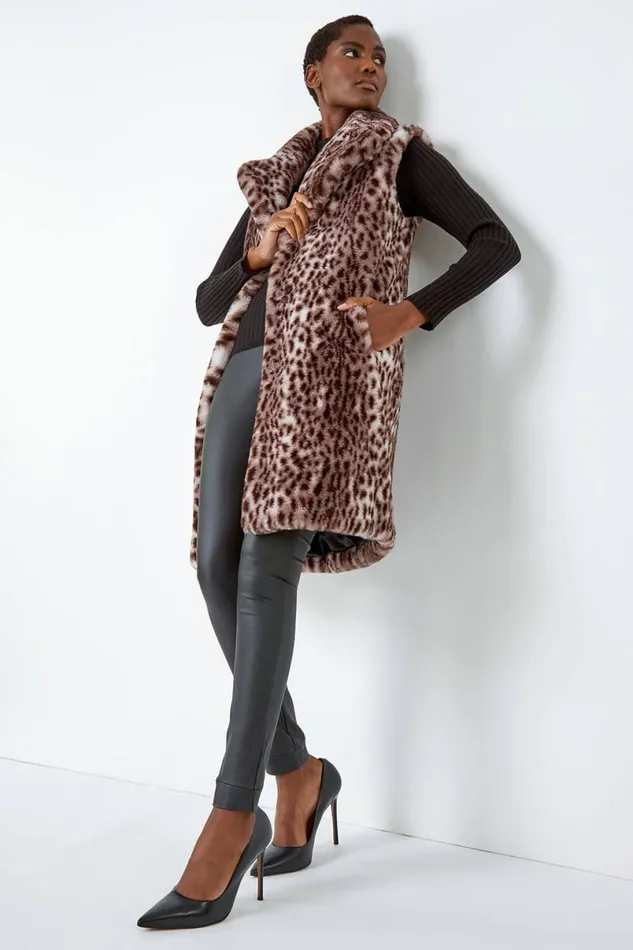 Taupe Animal Print Faux Fur Gilet Women Roman Coats