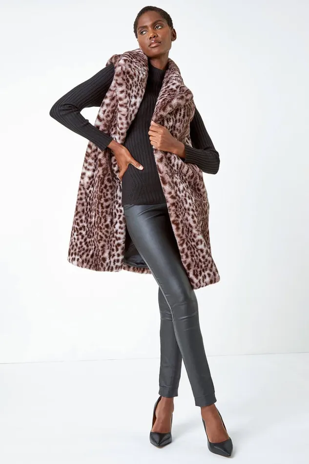 Taupe Animal Print Faux Fur Gilet Women Roman Coats