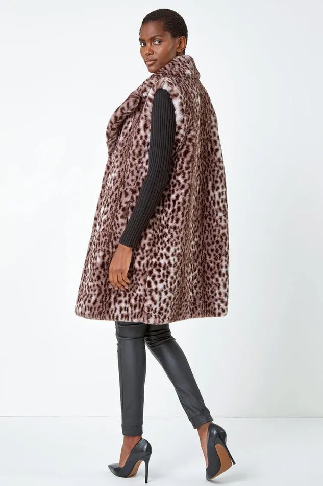 Taupe Animal Print Faux Fur Gilet Women Roman Coats