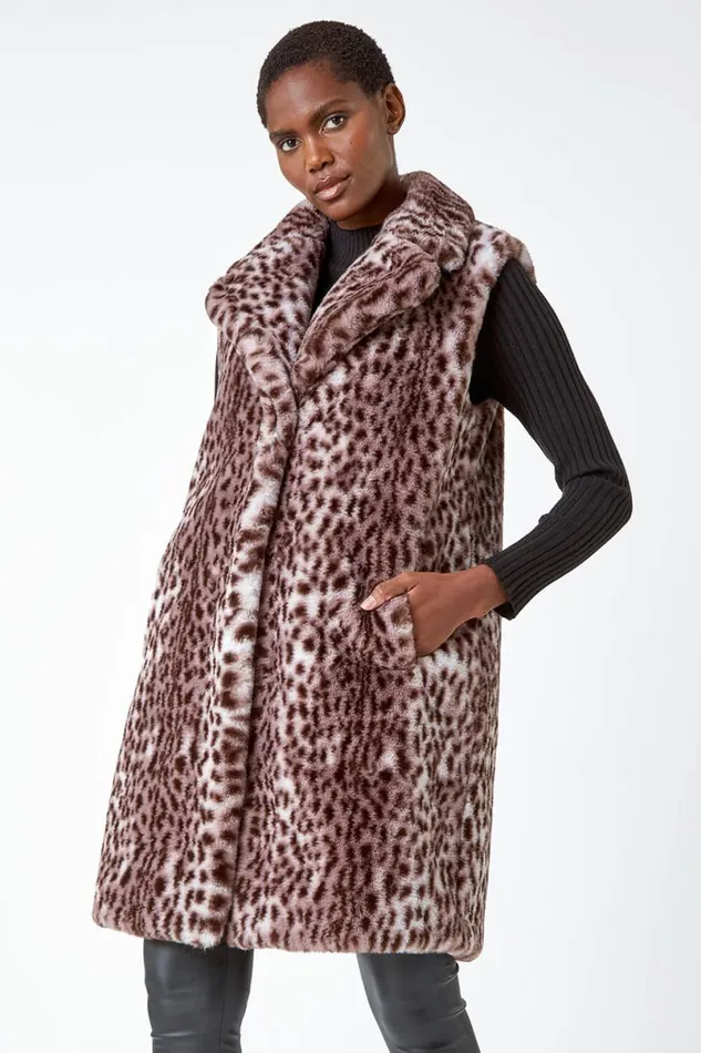 Taupe Animal Print Faux Fur Gilet Women Roman Coats