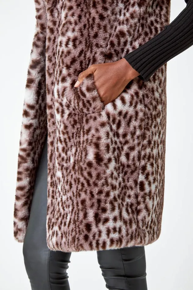 Taupe Animal Print Faux Fur Gilet Women Roman Coats