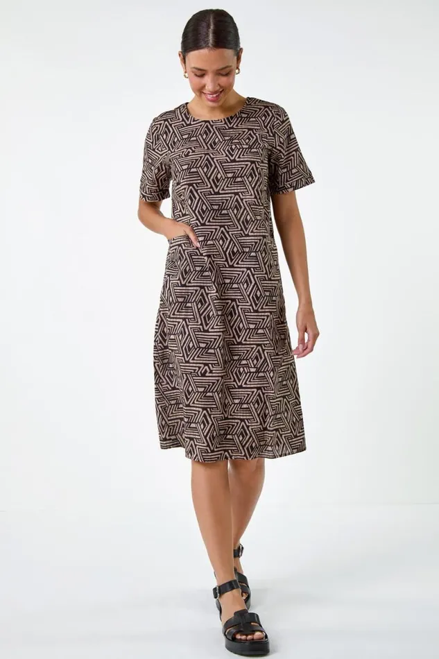 Taupe Geometric Print Pocket Shift Dress Women Roman Dresses