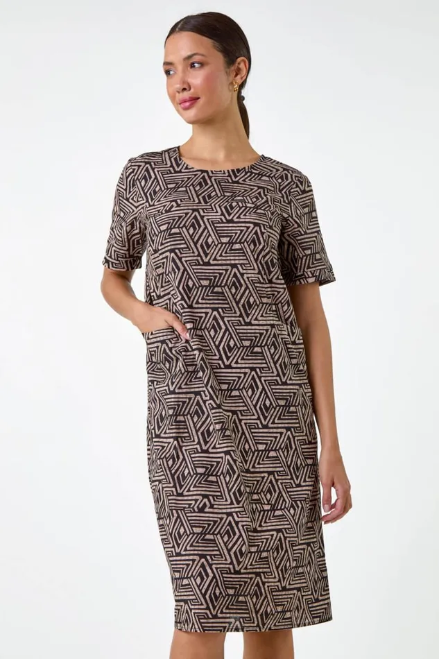 Taupe Geometric Print Pocket Shift Dress Women Roman Dresses