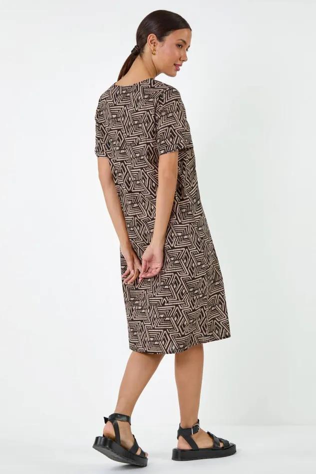 Taupe Geometric Print Pocket Shift Dress Women Roman Dresses