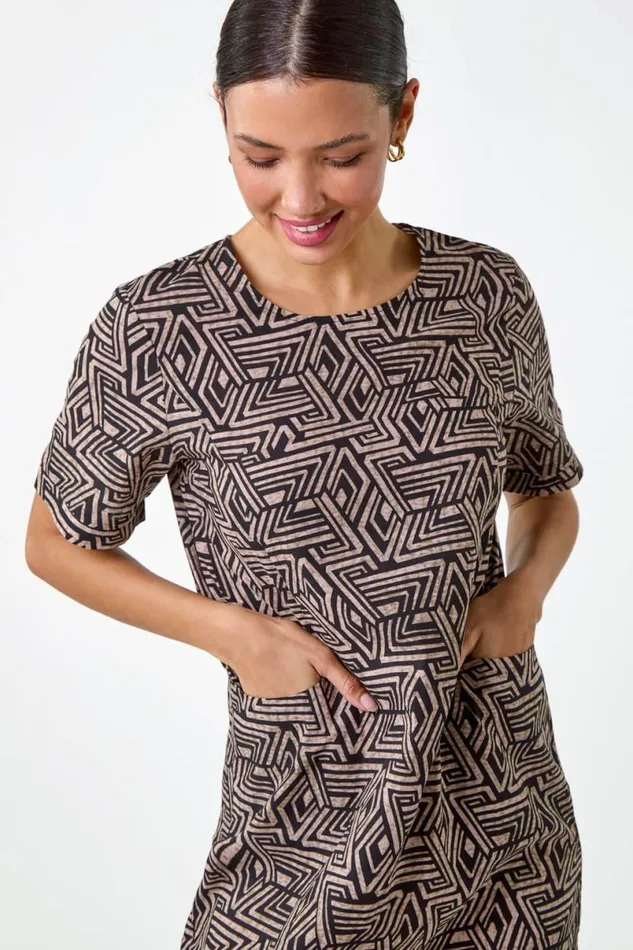Taupe Geometric Print Pocket Shift Dress Women Roman Dresses