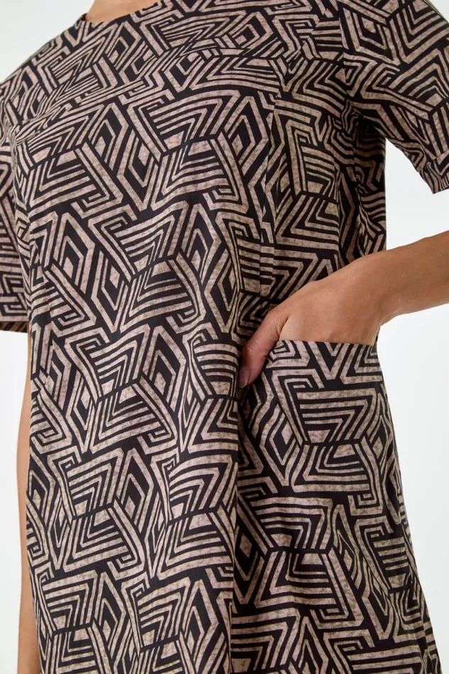 Taupe Geometric Print Pocket Shift Dress Women Roman Dresses