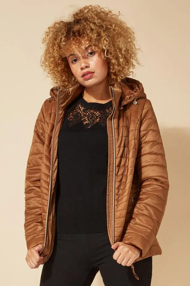 Taupe Hooded Zip Through Padded Coat Women Roman Coats