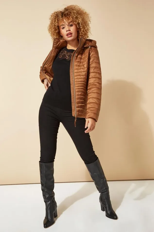 Taupe Hooded Zip Through Padded Coat Women Roman Coats