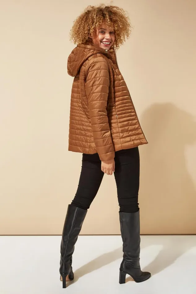 Taupe Hooded Zip Through Padded Coat Women Roman Coats