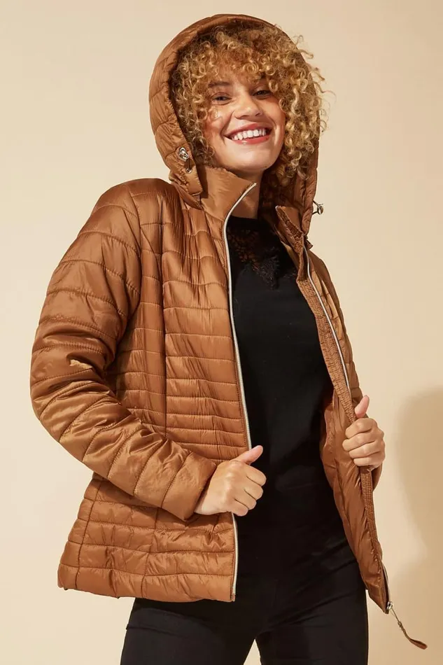 Taupe Hooded Zip Through Padded Coat Women Roman Coats